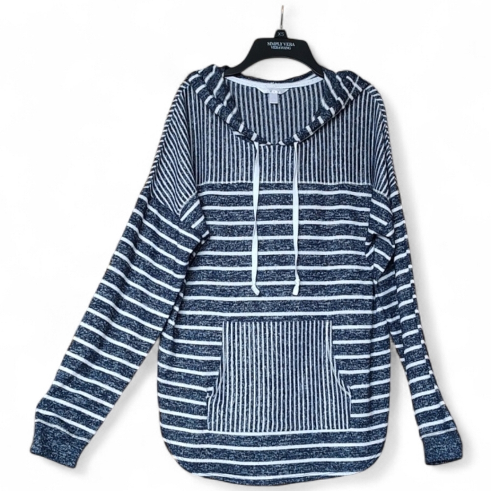 Blue & White Striped Hoodie Shirttail  Hem Kangaroo Pocket Sz Large